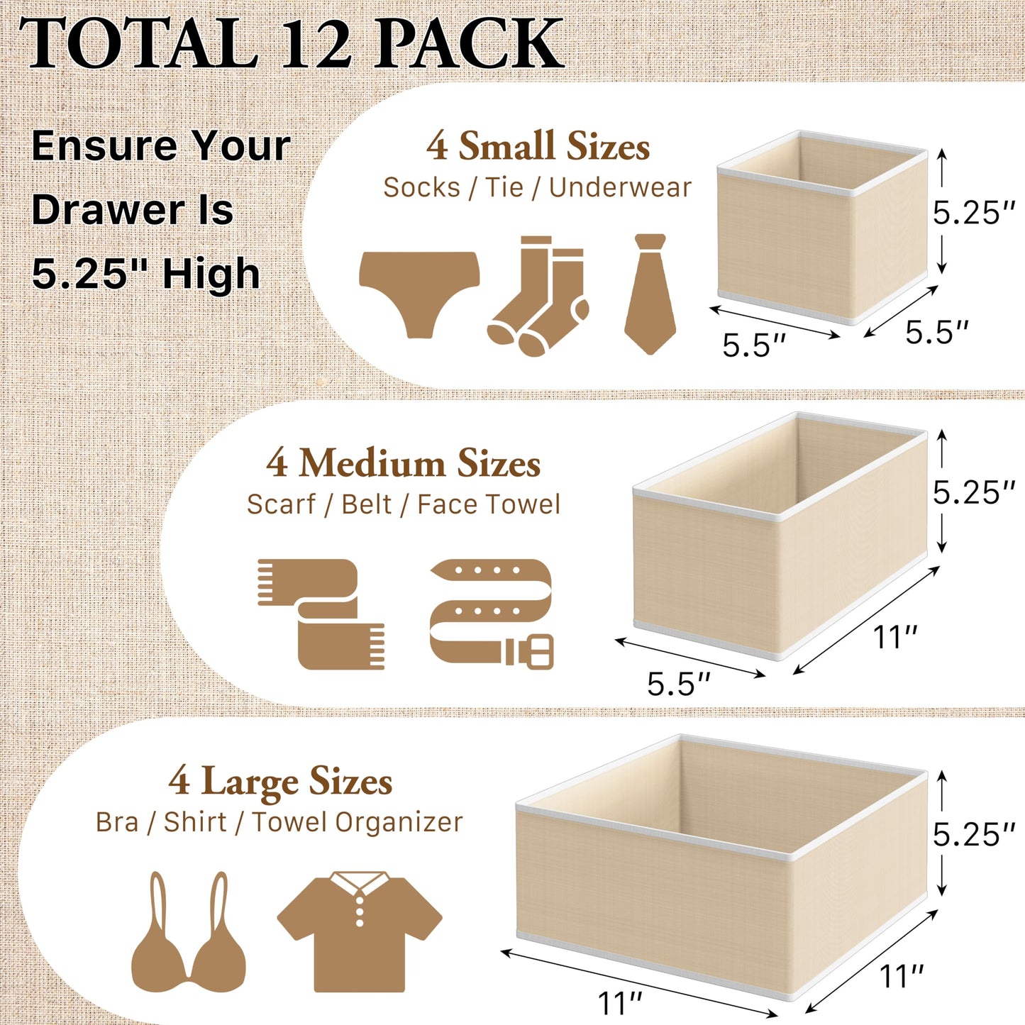Simple Houseware Foldable Drawer Organizer Set of 12, Beige – Fabric Storage Bins for Clothes, Underwear, Bra, Panty, Socks, Onesies – Closet & Dresser Drawer Dividers for Home Organization