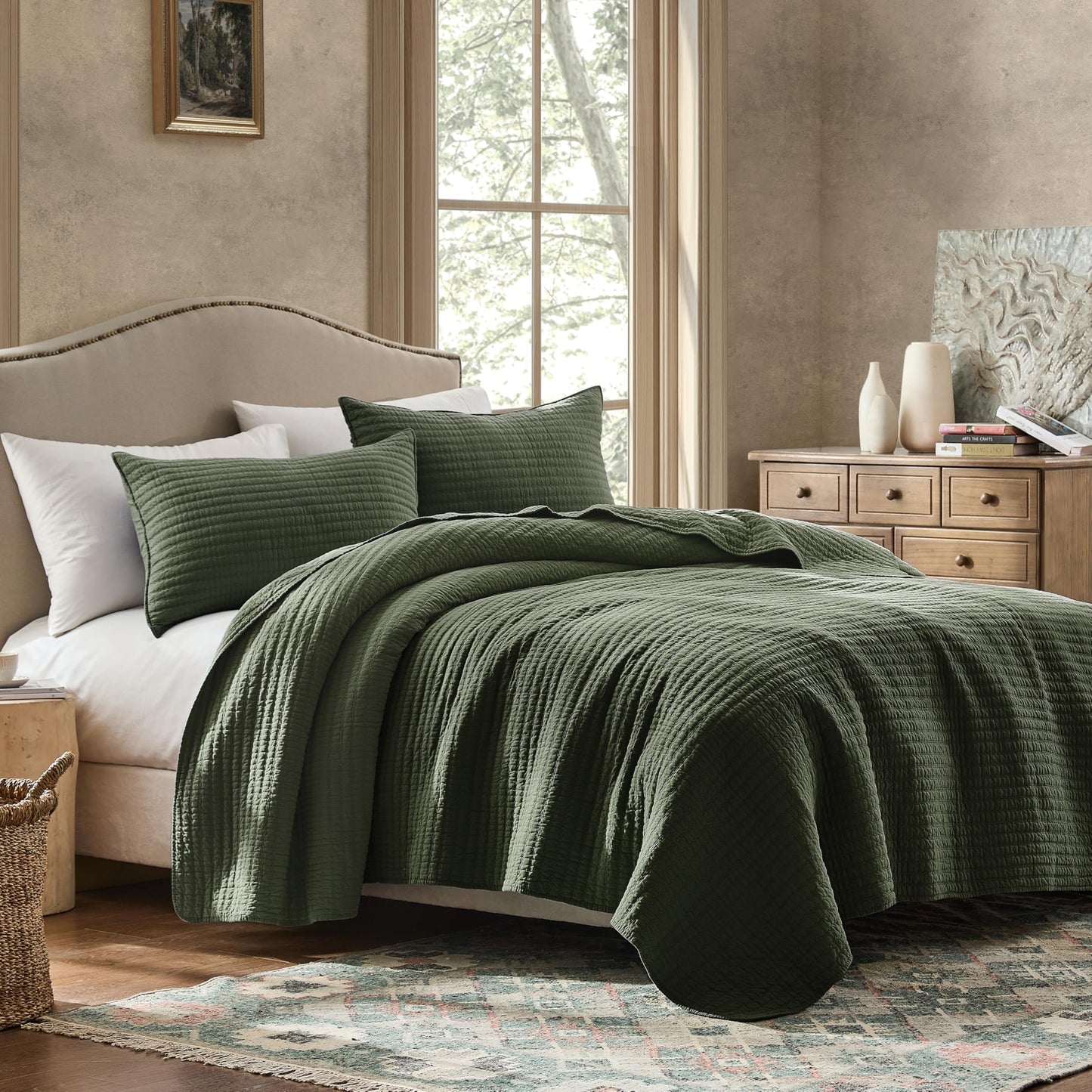 WDCOZY 100% Cotton King Size Quilt Set - Olive Green Striped Pick Stitch Soft Lightweight Bedspread, Textured Like Linen, Farmhouse Country Rustic Coverlet, Shabby Chic Gauze Bedding, 3 Pieces