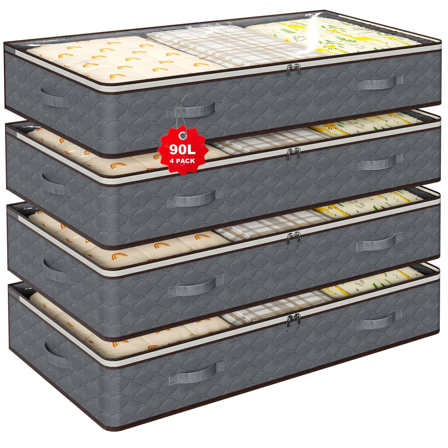90L Under Bed Storage Containers,4-Pack Closet Organizers and Storage Bins,for Organization and Storage Clothes, Shoes, Blankets & Pillows,Visible Transparent Top Storage Bins with Lids, Grey