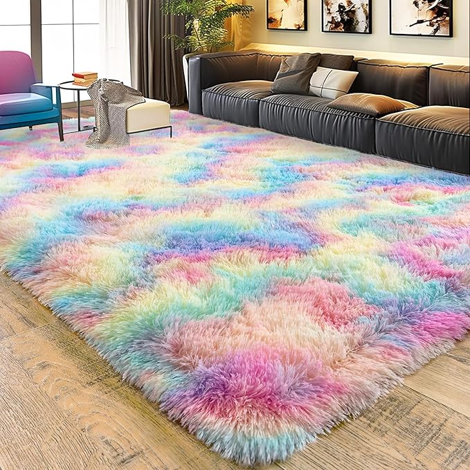 Large 9x12 Area Rug for Living Room, Ultra Soft Shag Thick Fluffy Plush Fuzzy Carpet for Bedroom, Girls Boys Kids Room Non Slip Dorm Rug for Home Decor Aesthetic, Rainbow