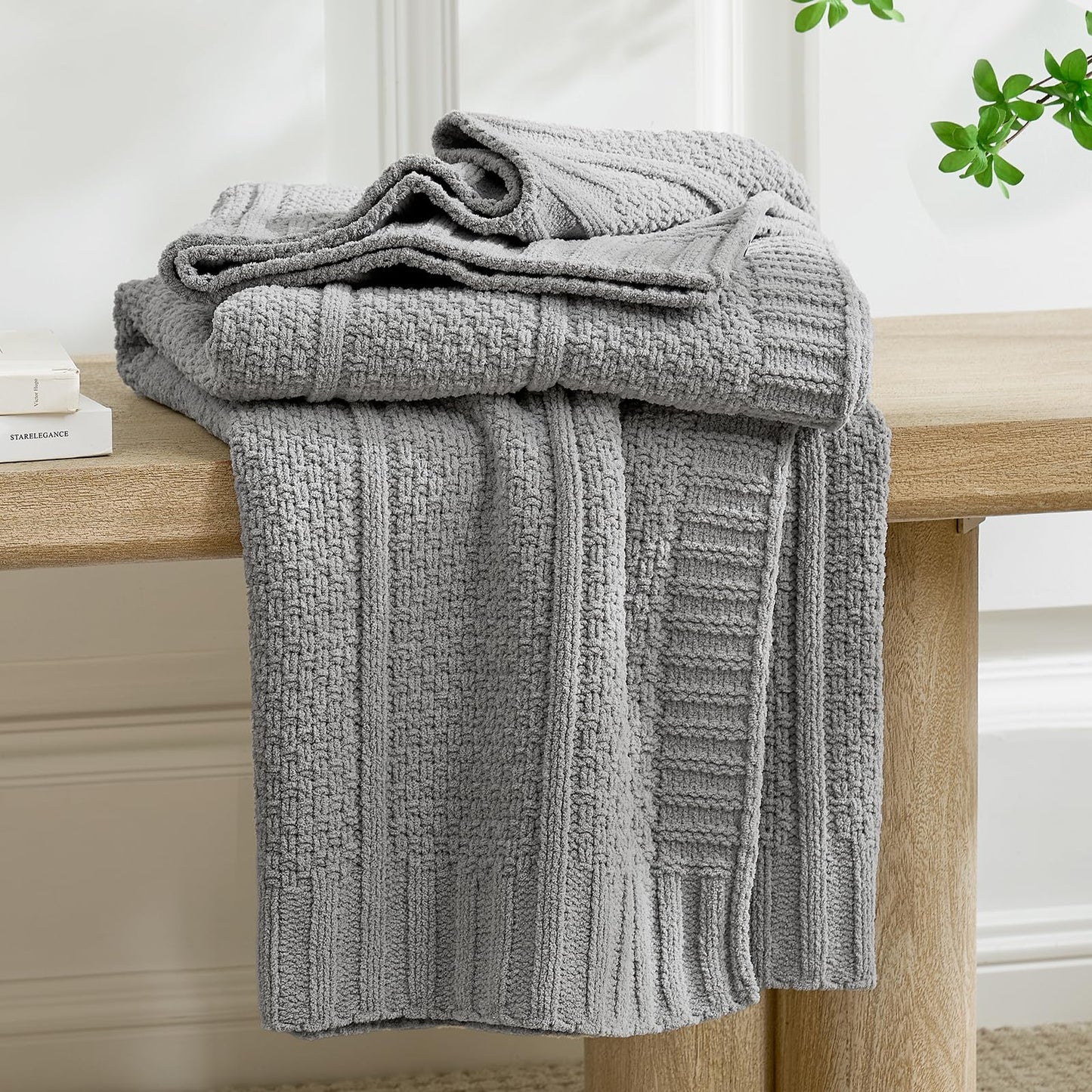 Amélie Home Premium Chenille Throw Blanket, Soft Cozy Moss Stitch Knit Blanket for Couch, Sofa, Chair, Home Decor, Grey 50"x60"