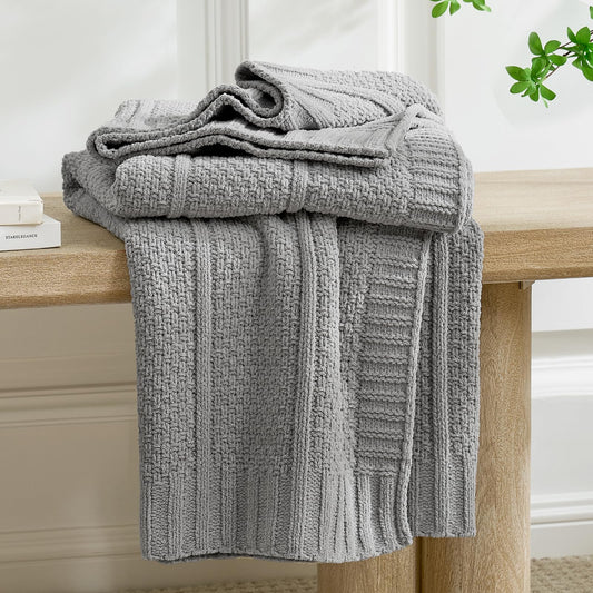 Amélie Home Premium Chenille Throw Blanket, Soft Cozy Moss Stitch Knit Blanket for Couch, Sofa, Chair, Home Decor, Grey 50"x60"