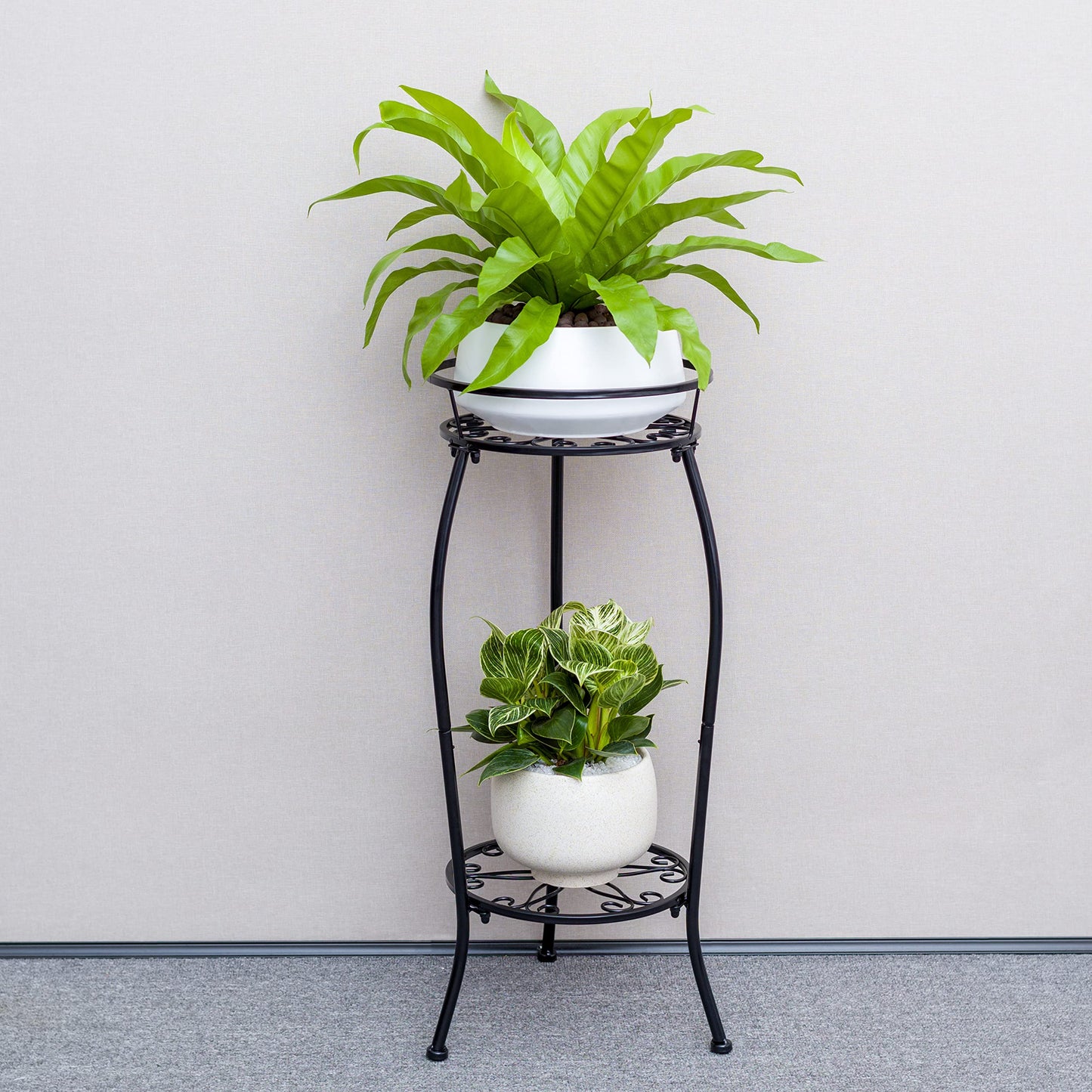 FaithLand 2 Pack Metal Plant Stands, Tall Planter Holder Indoor Outdoor, 2 Tier Round Potted Supports Rack, Corner Display Shelf Black