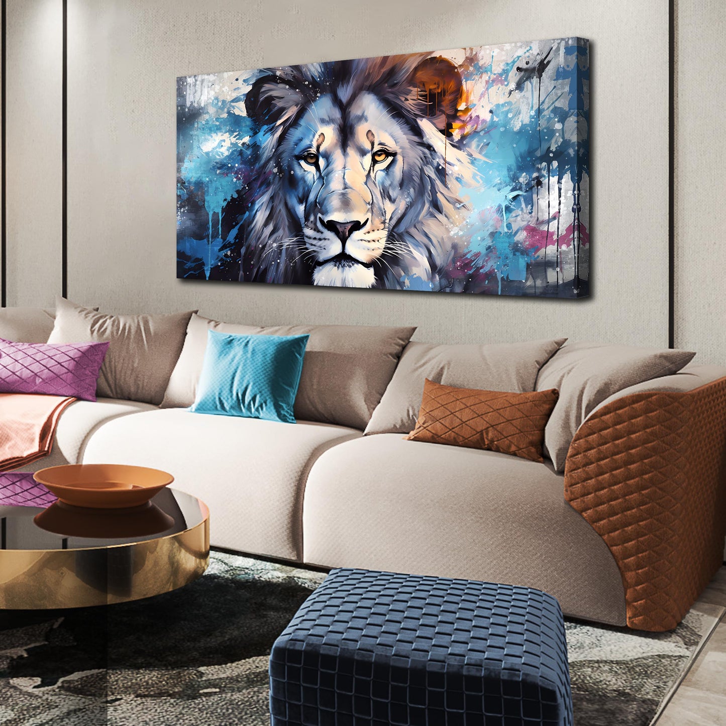 ENTANUB Lion Canvas Wall Art for Living Room, Blue Print Painting for Bedroom, Animal Picture Decor, Large Size 48x24 Inches
