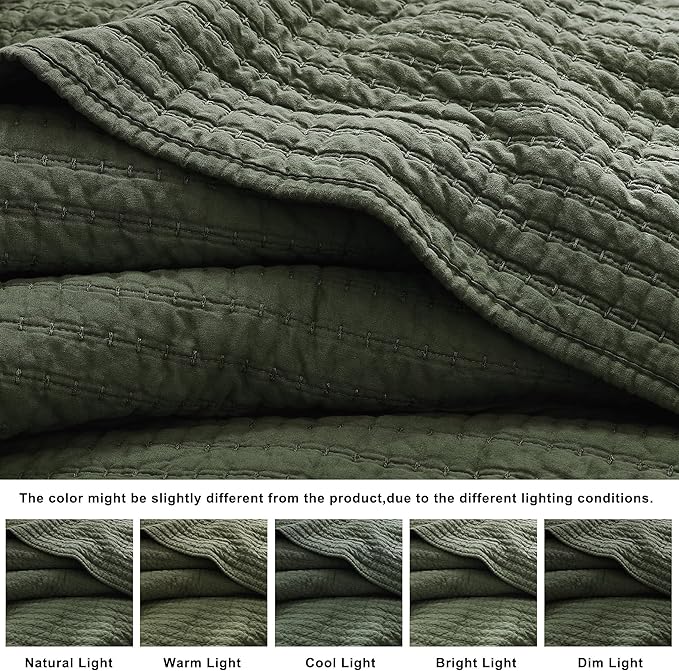 WDCOZY 100% Cotton Queen Size Quilt Set - Olive Green Striped Pick Stitch Soft Lightweight Bedspread, Textured Like Linen, Farmhouse Country Rustic Coverlet, Shabby Chic Gauze Bedding, 3 Pieces