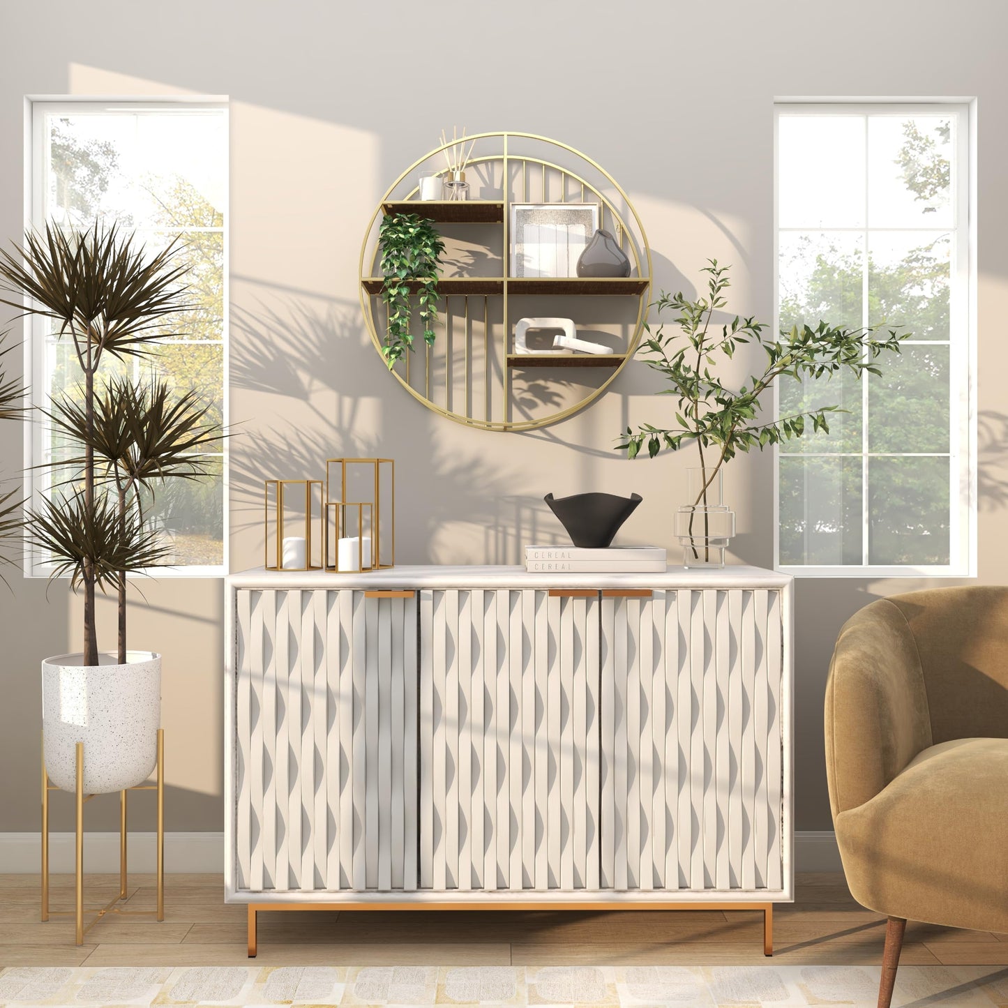 Deco 79 Metal Geometric Wall Shelf Circle with 3 Wood Shelves and Linear Rods, 28" x 7" x 28", Gold