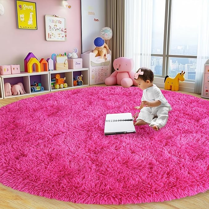 Round Fluffy Rugs 6Ft for Girls Bedroom, Hot Pink Shag Circle Kids Rug Non-Slip for Bedside Dorm Nursery Playroom, Soft Cute Area Rugs for Living Room Decor
