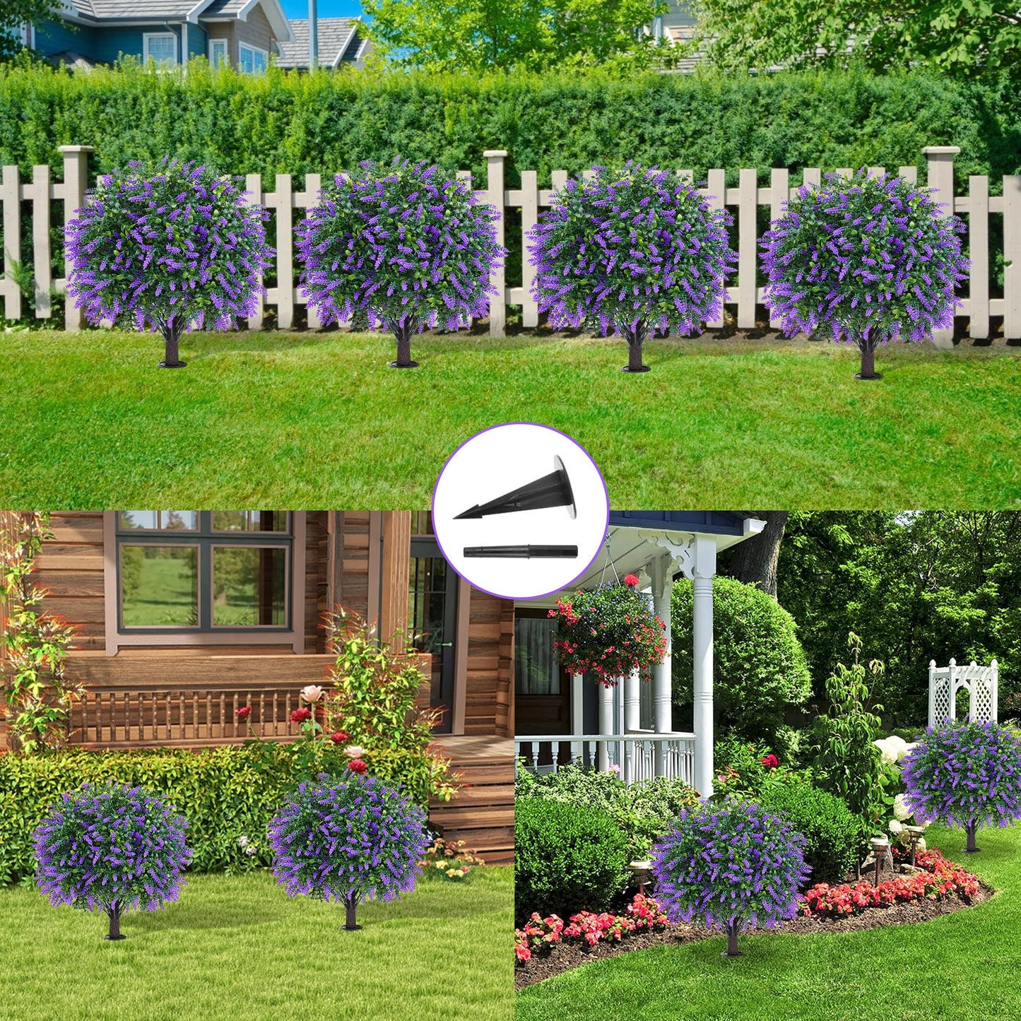 Grooy Artificial Boxwood Topiary Ball with Lavender, Set of 2 Artificial Shrub Bushes with Ground Spike, UV Resistant Fake Evergreen Plant Tree for Porch Outdoor Planters Indoor