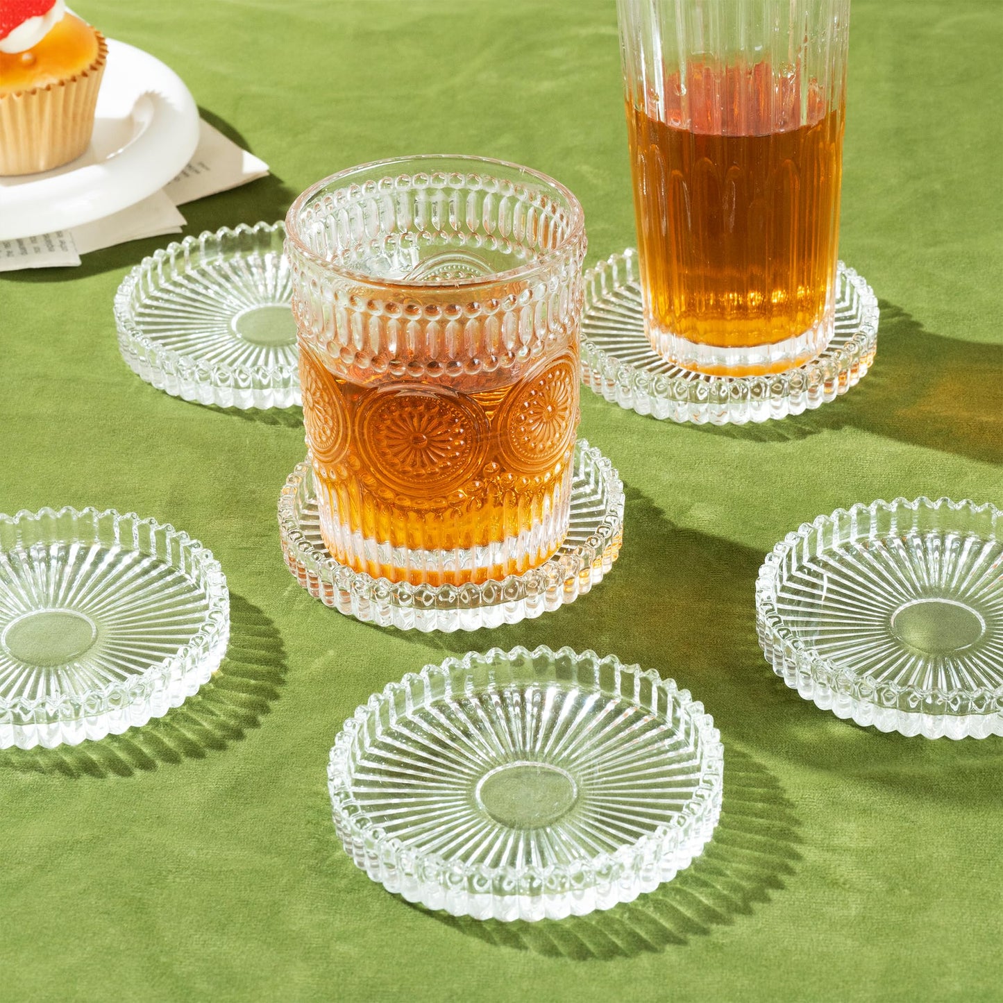 Modern Clear Coaster Set of 6- Glass Coasters for Drinks with Holder Crystal Coaster Round Cup Coasters Coffee Table Decor for Office, Kitchen, Bar, Dining Room, Living Room, Patio(Clear)