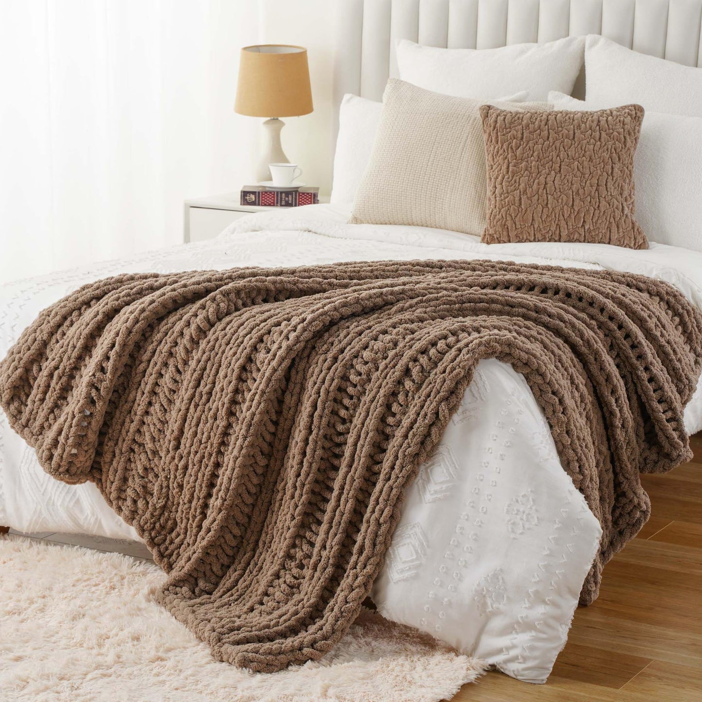 Battilo Chunky Knit Throw Blanket for Couch, Hand Made Chenille Throw Blanket, Super Soft Warm Cozy Taupe Blanket for Bed, Sofa, Living Room, 50"x60"
