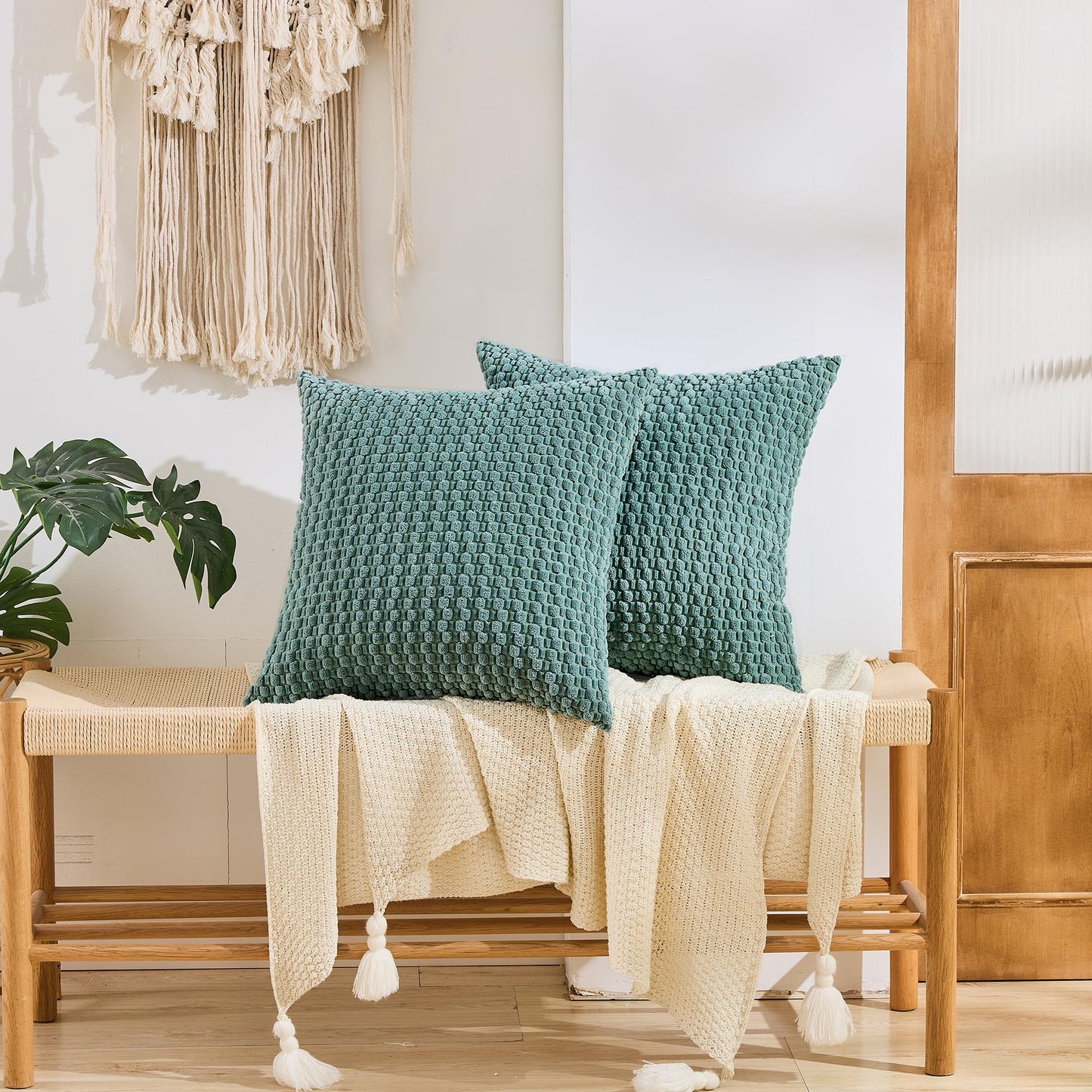 GAWAMAY Decorative Throw Pillow Covers 18x18 Inch Set of 2 for Living Room Couch Bed Sofa, Farmhouse Square Cushion Cover Soft Striped Corduroy Pillow Cases Boho Accent Home Decor (45x45cm) Blue Green