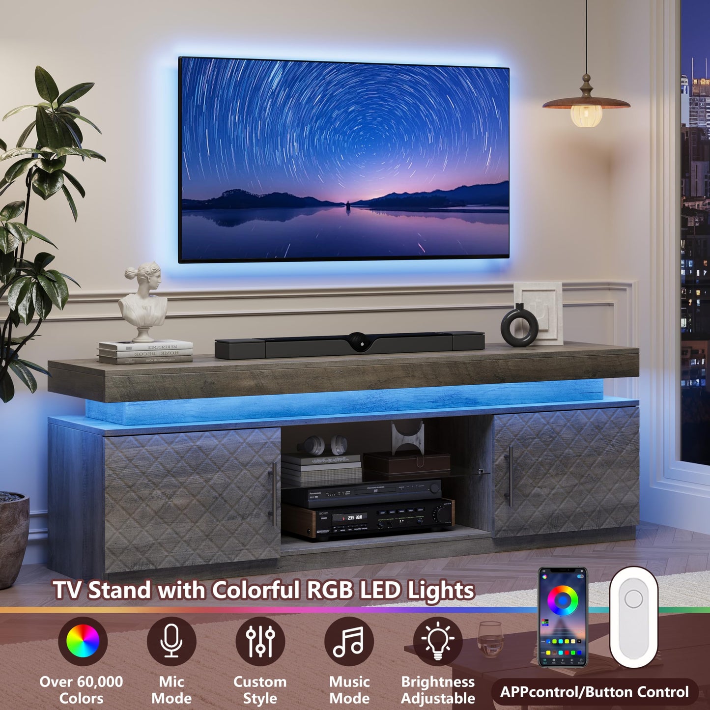 BOXACTION TV Stand for TVs Up to 65 Inch, Entertainment Center with Power Outlet, RGB LED Lights, Adjustable Glass Shelf, Storage Cabinets, Media Console Table for Living Room, Grey