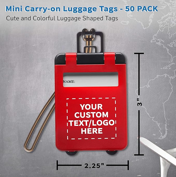 50 Mini Carry-on Luggage Tags Pack - Customizable Text, Logo - Flip Open Cover, ID Sticker - Red