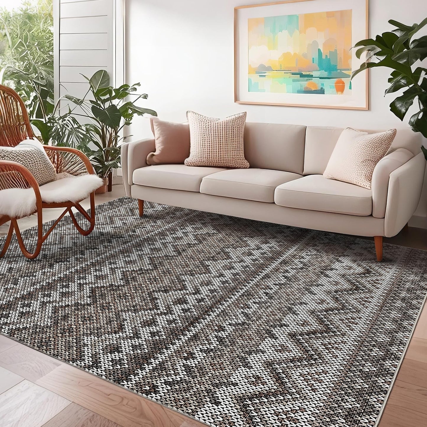 Garvee 5x7 Boho Area Rug Living Room, Geometric Throw Rugs with Rubber Backing Washable, Non Shedding Stain Resistant Floor Cover Foldable Low Pile Soft Mats for Bedroom, Dining Room, Nursery, Brown