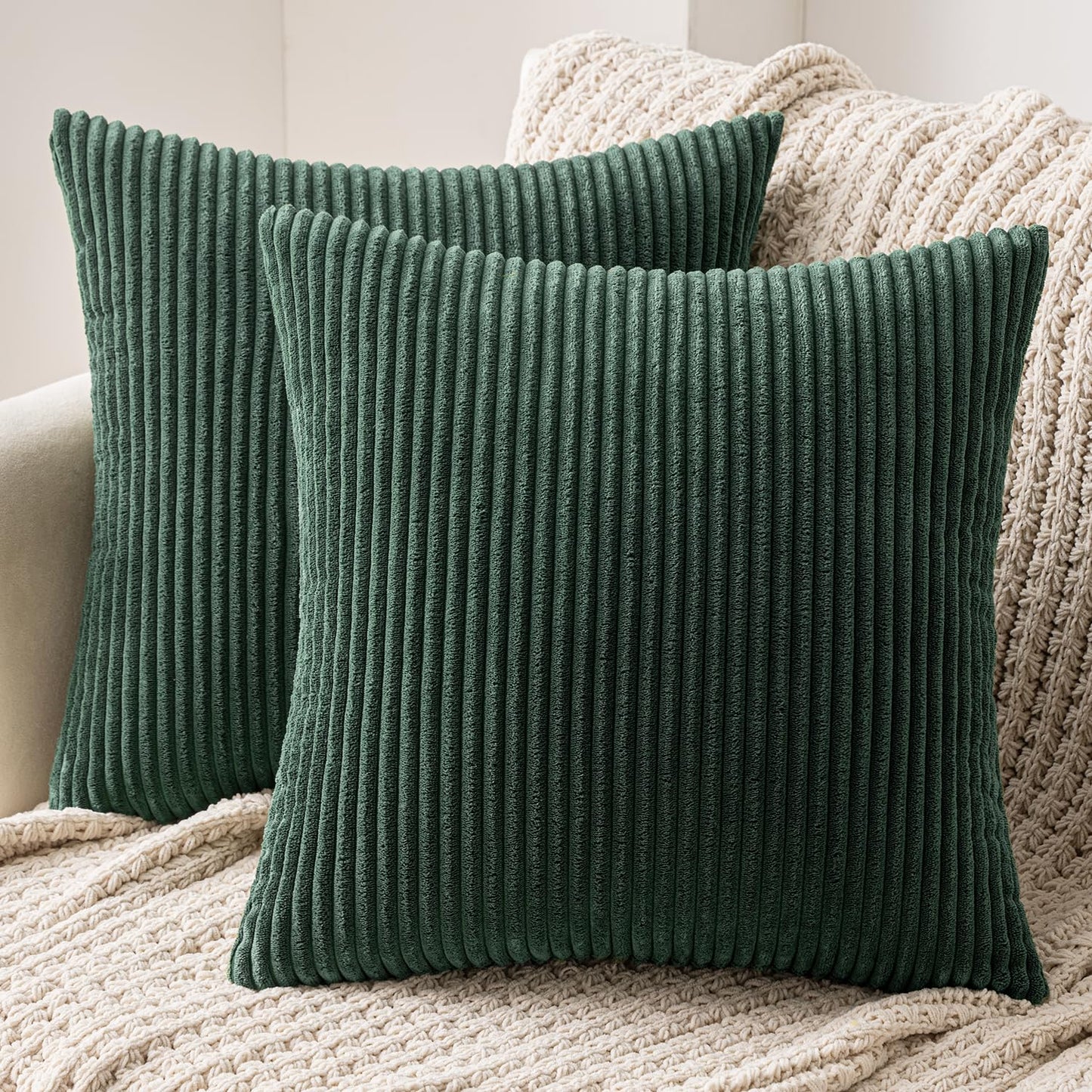 MIULEE Decorative Corduroy Pillow Covers Soft Solid Pack of 2 Cushion Cases Boho Square Throw Pillow Covers Army Green Pillowcases for Couch Chair Sofa Bed Living Room Home Decor 18 x 18 Inch