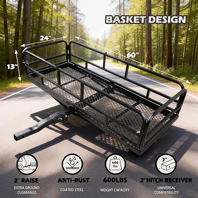 fouwick lugglage Basket 60x24x13 inches, Folds Flat, 600 Lbs Heavy Duty Hitch Cargo Basket with Waterproof Bag, Black，Luggage Storage (60X24X13 inch with Bag)