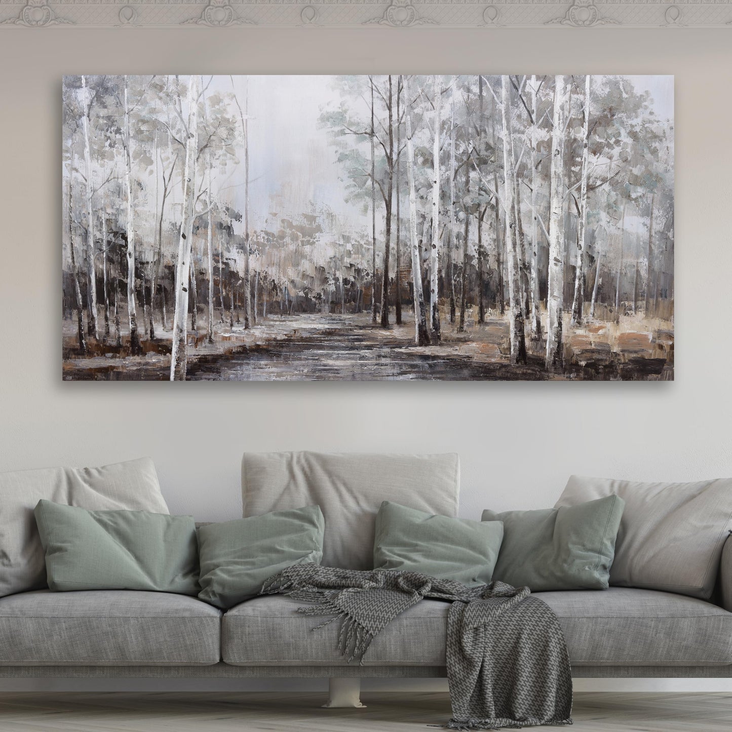 White Birch Tree Wall Art Grey Forest Painting Abstract Canvas Art Landscape Panoramic Picture Nature Artwork Framed for Living Room Bedroom Dinning Room Home Office Wall Decor 40"x20"