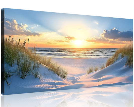 TutuBeer Beach Pictures Ocean Pictures Wall Decor White Beach with Dunes and Grass Picture Print on Canvas Ocean Seascape Paintings Canvas Art Prints Wall Decor Ready to Hang 8" x 16"