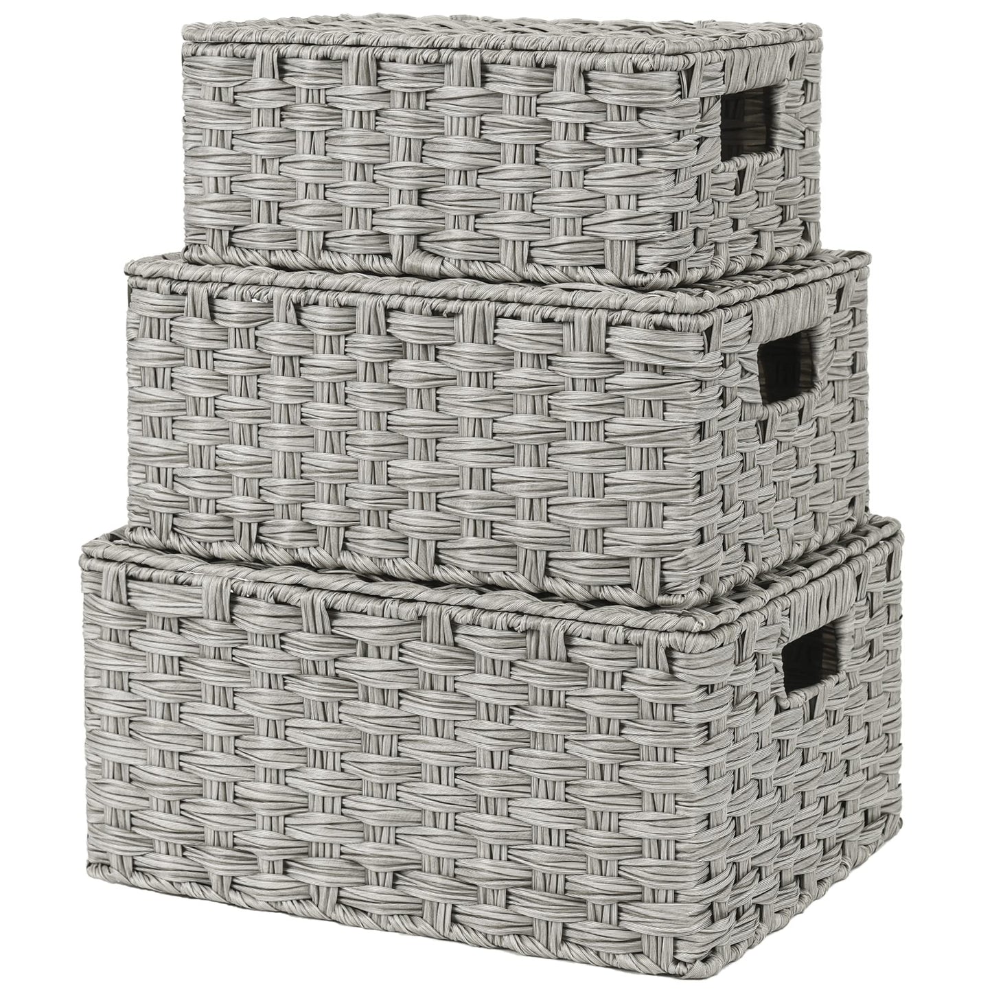 GRANNY SAYS Wicker Storage Baskets, Decorative Boxes with Lids, Set of 3 Nesting Wicker Baskets for Organizing, Gray, 3-Pack