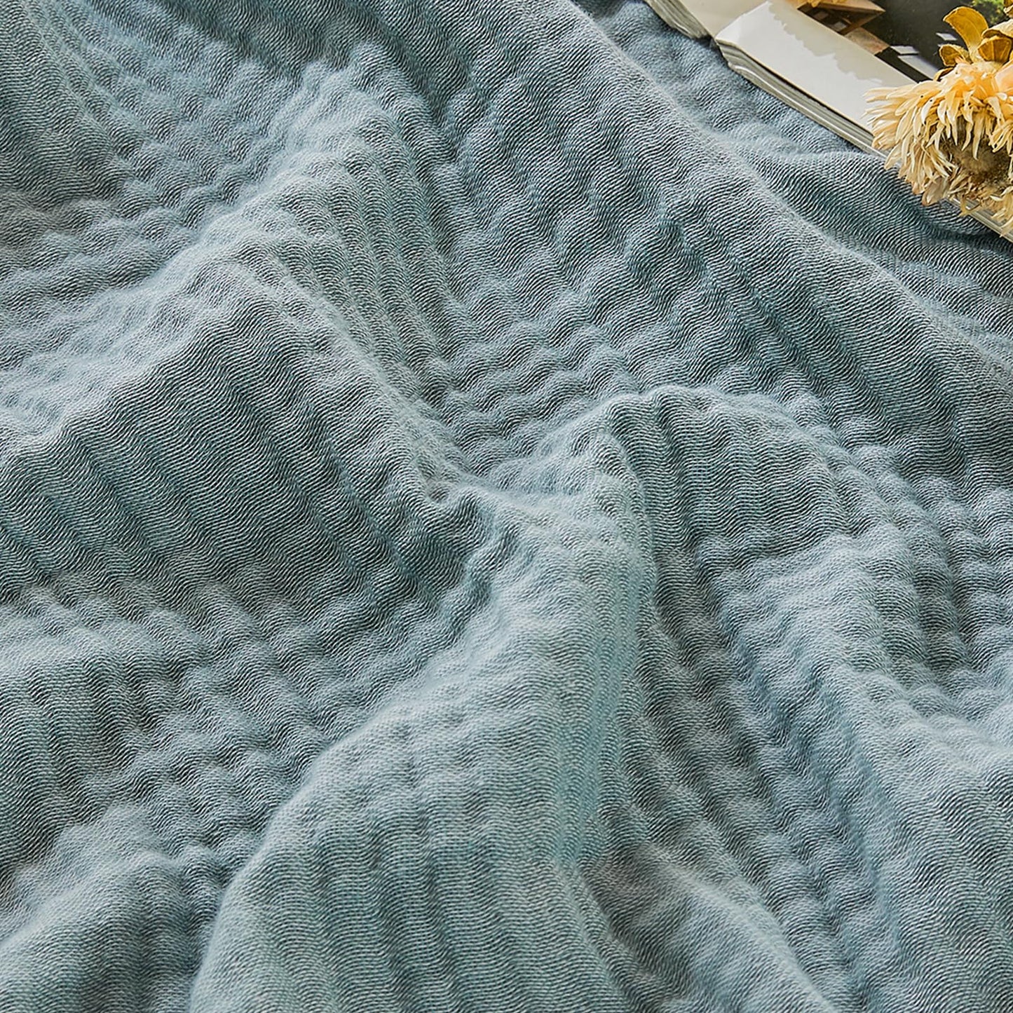 EMME Cotton Muslin Large Throw Blanket 4-Layer Couch Breathable Gauze Soft Lightweight Bed Blankets Adults Two-Tone Weave Design, Pre-Washed Softer Touch (Heather Teal, 50"x70")