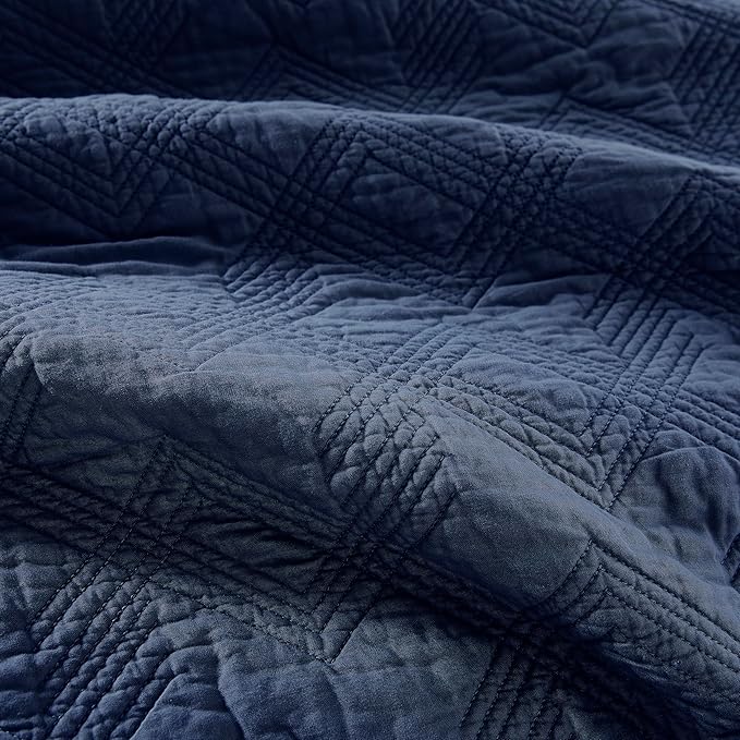 WDCOZY 100% Cotton Queen Size Quilt Set - Navy Blue Pre-Washed Soft Lightweight Modern Bedspread, Farmhouse Country Rustic Coverlet, Textured Like Linen, Shabby Chic Gauze Bedding, 3 Pieces