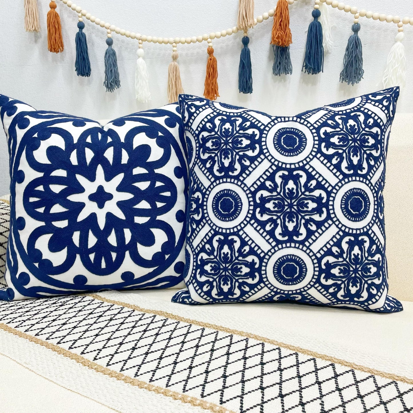 Slow Cow Canvas Embroidered Decorative Throw Pillow Cover Square 18 x18 inches Cozy Boho Mandala Chic Knit Pattern Cushion Cover for Sofa Couch Living Room Bedroom