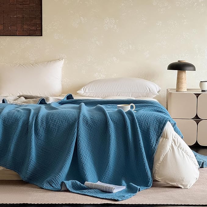 FALUCA Cotton Muslin Reversible Blanket 50x60 Inches for Bed, Couch, Four Layers Blanket, Soft Lightweight Cozy Breathable Farmhouse Decoration for All-Season, Light Blue