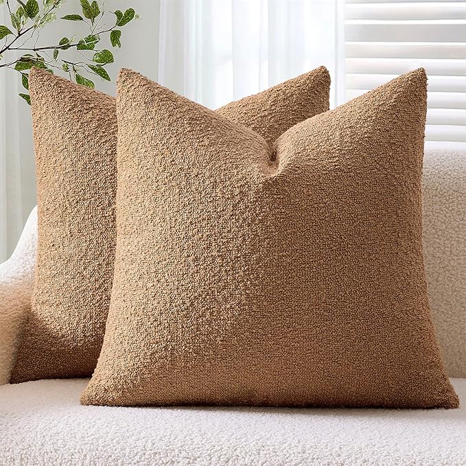 ANRODUO Pack of 2 Textured Boucle Throw Pillow Covers Soft Tobacco Brown Euro Decorative Accent Solid Pillow Cases Cozy Modern Couch Cushion Case for Sofa Bedroom Living Room Home Decor, 22 x 22 Inch