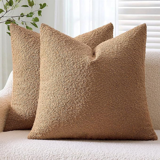 ANRODUO Pack of 2 Textured Boucle Throw Pillow Covers Soft Tobacco Brown Euro Decorative Accent Solid Pillow Cases Cozy Modern Couch Cushion Case for Sofa Bedroom Living Room Home Decor, 22 x 22 Inch