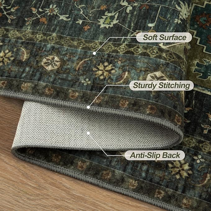 Tangsoo 3x5 Washable Rugs Oriental Area Rug, Vintage Non Slip Indoor Accent Rug, Print Distressed Olive Green Carpet, Soft Low Pile Rug for Living Room Dining Bedroom Bedside Entryway