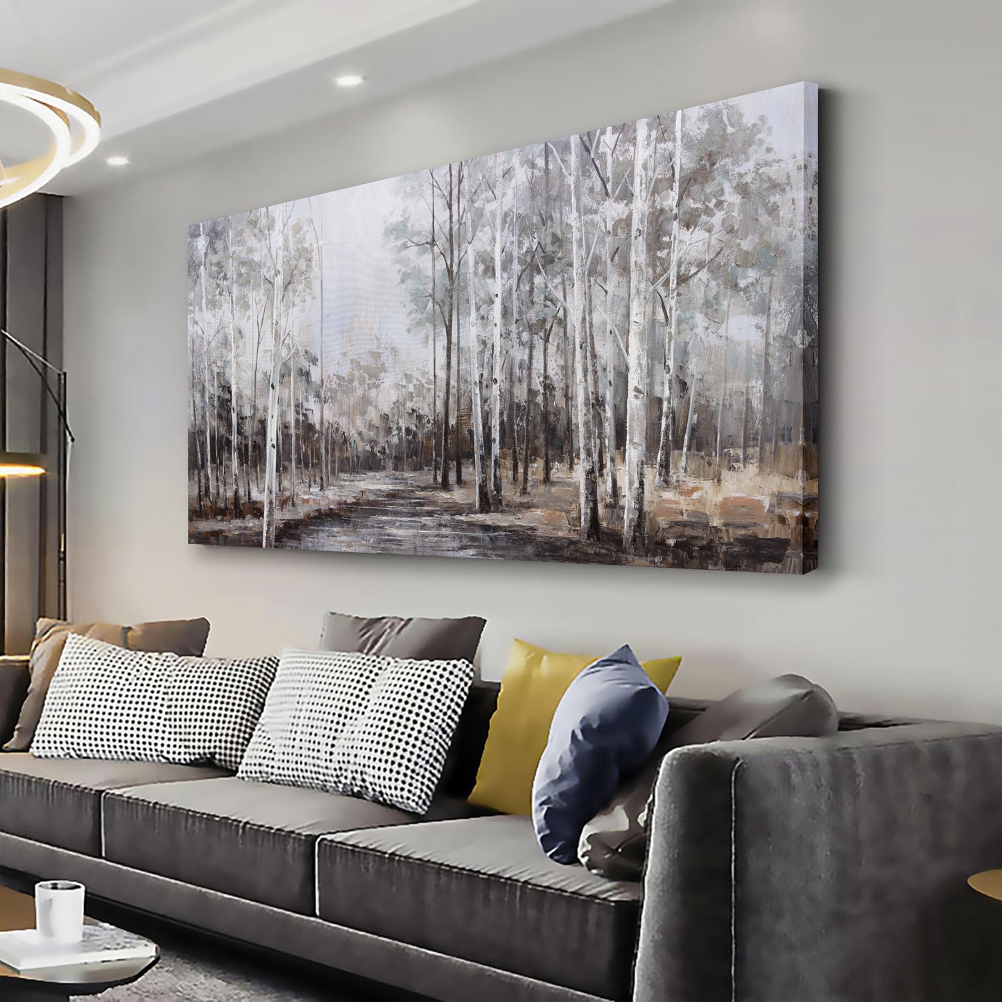 White Birch Tree Wall Art Grey Forest Painting Abstract Canvas Art Landscape Panoramic Picture Nature Artwork Framed for Living Room Bedroom Dinning Room Home Office Wall Decor 40"x20"