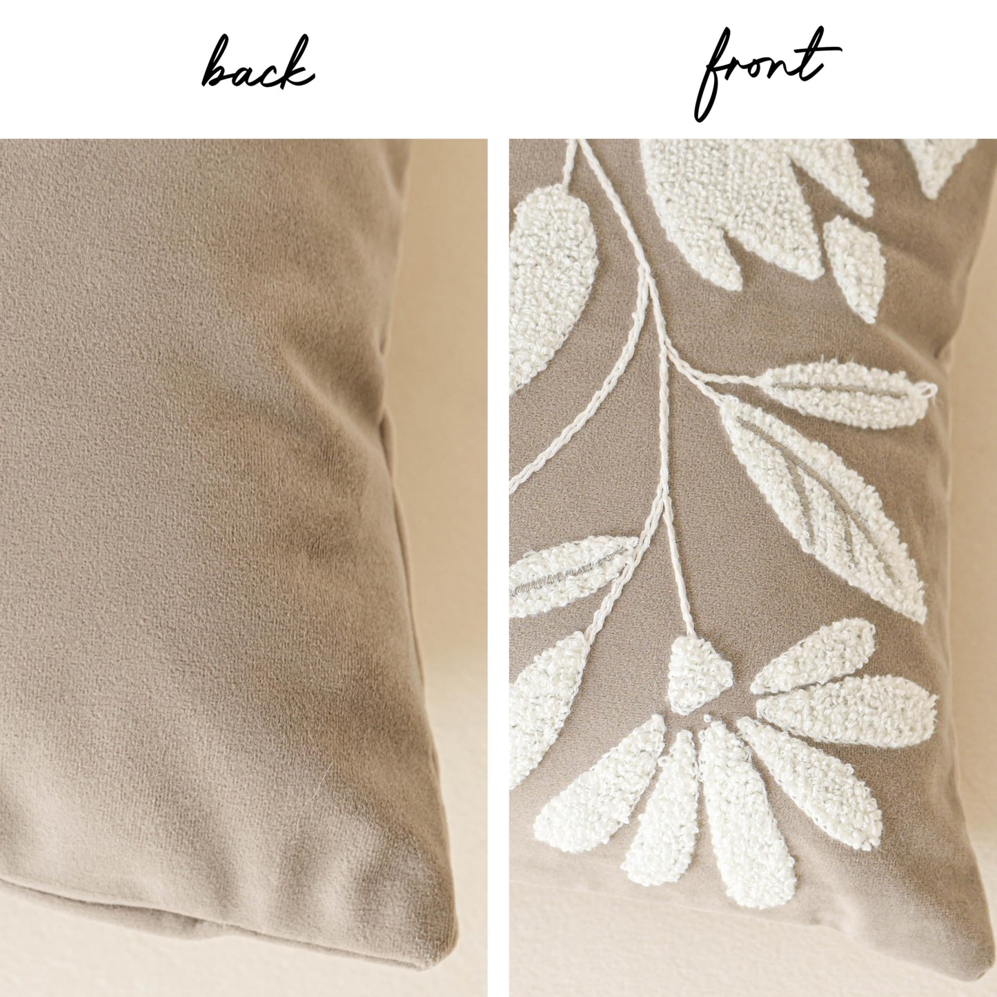 BlissBlush 14x36 Lumbar Pillow Cover for Bed, Taupe Rectangular Long Throw Pillowcase, Embroidered Velvet Floral Tufted Farmhouse Accent Cushion (Cover Only)