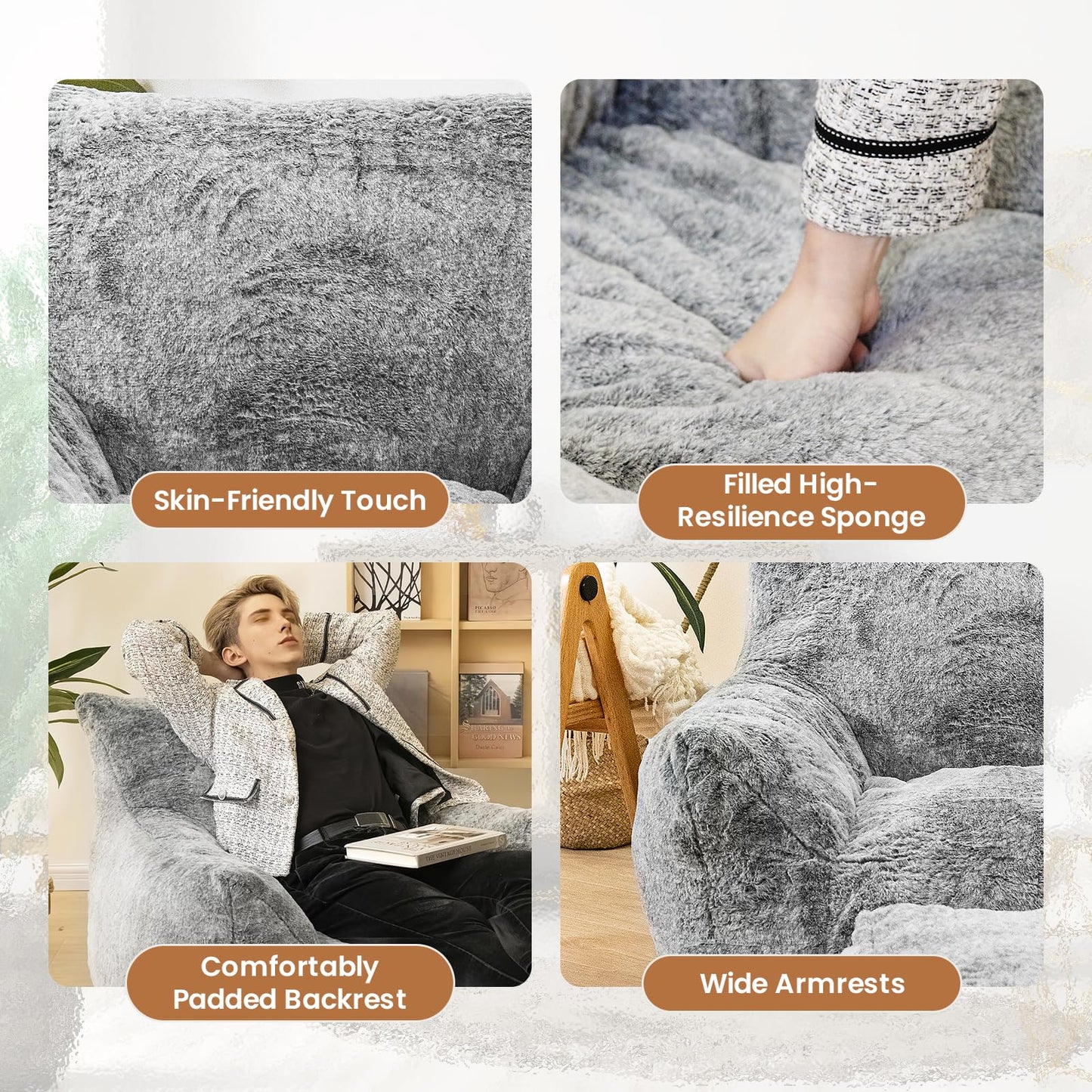 Cvortll Bean Bag Chair with Ottoman, Armrest Bean Bag Chairs with Filler, Ultra Soft Fluffy Faux Fur Bean Bag Chair with Foot Rest, Plush Lazy Sofa with Foot Stool for Living Room, Dorm