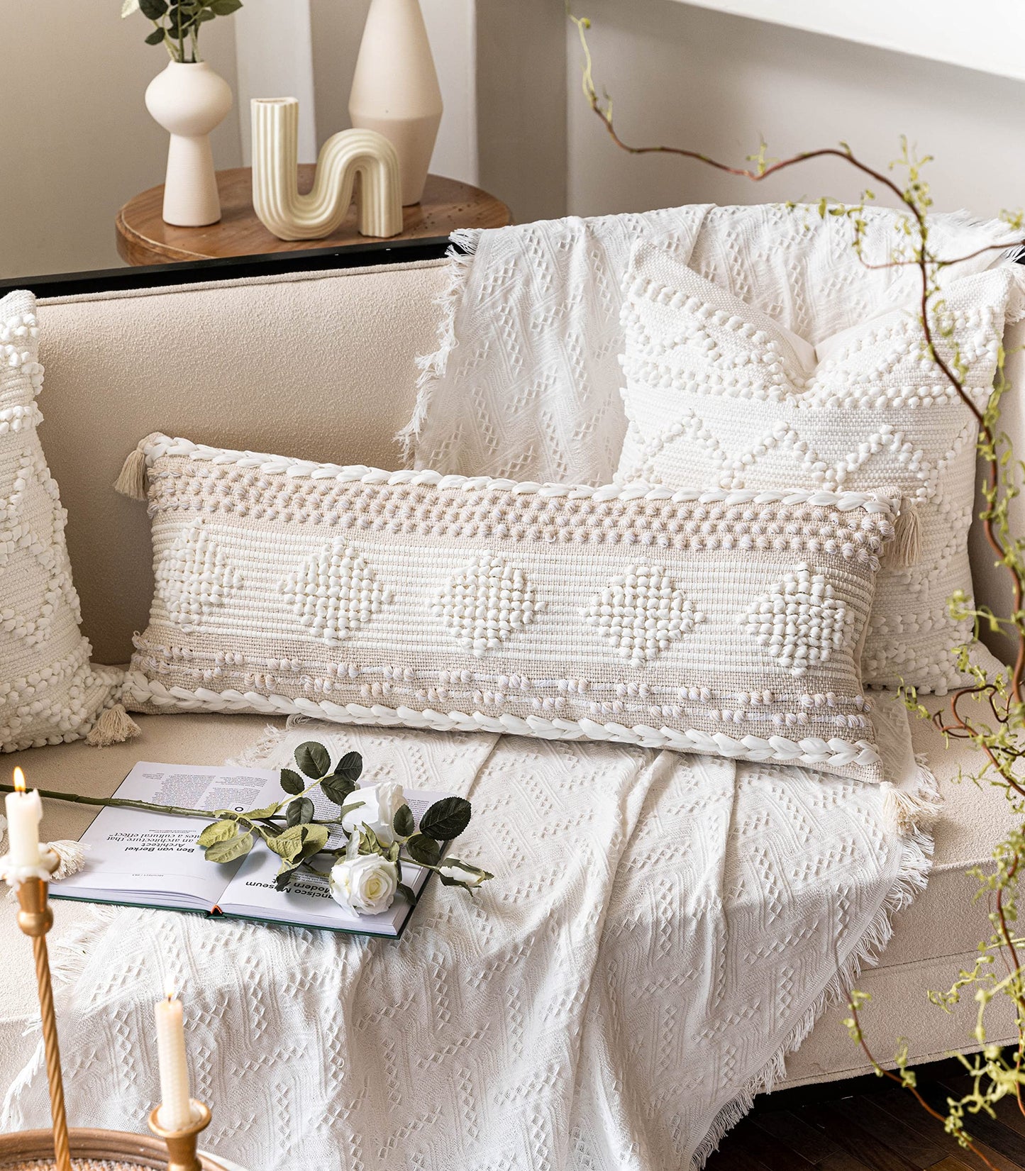 BlissBlush Cream Decorative Lumbar Throw Pillow Cover 14x36 Boho Long Cushion for Bed Neutral Beige White Accent Modern Farmhouse Pillowcase for Bedroom Living Room Couch Sofa Home Décor Cover ONLY