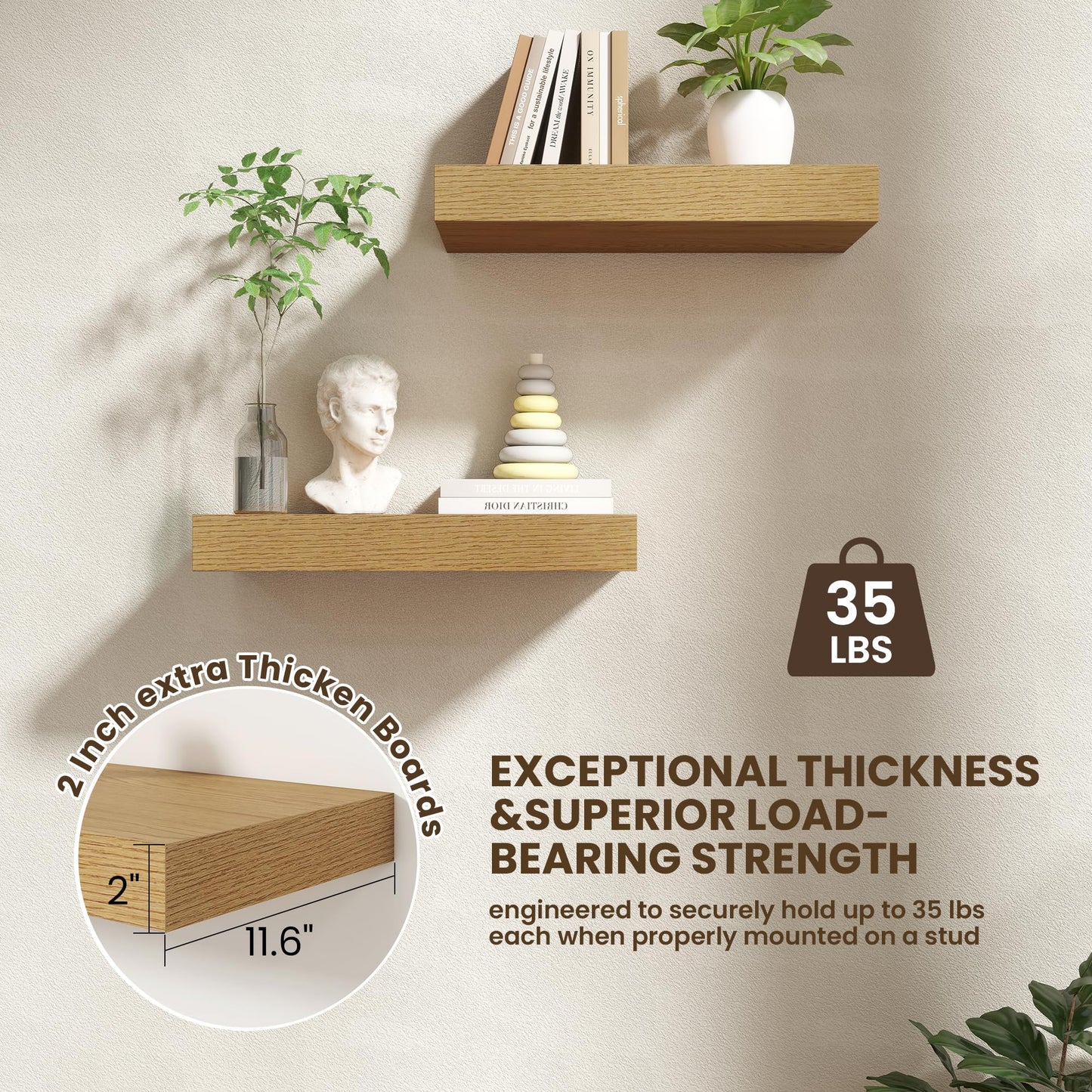 FLYJOE 20 Inch Floating Shelves, 12 Inch Deep Floating Shelves Set of 2, 20''W x 12''D Oak Shelves for Wall, Bathroom Available, Engineered Wood, Mounting Hardware Included