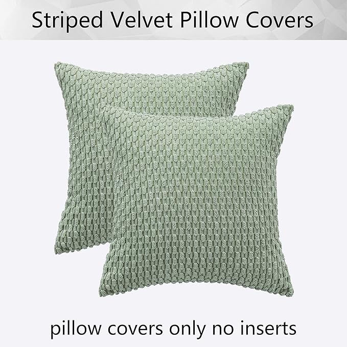 Kevin Textile 2 Packs Spring Sage Green Euro Farmhouse Decorative Throw Pillow Covers 26x26 Inch for Living Room Couch Bed Sofa Rustic Boho Home Decor Soft Striped Corduroy Square Cushion Case