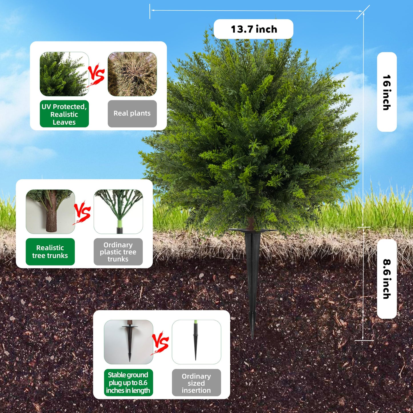 NSOPB 24.5 Inch (H) Artificial Cedar Topiary Ball Trees, Set of 4 Fake Shrub Bushes with Ground Spike, UV Resistant Faux Cypress Greenery Decor for Outdoor Garden, Patio, Front Porch, and Indoor Use