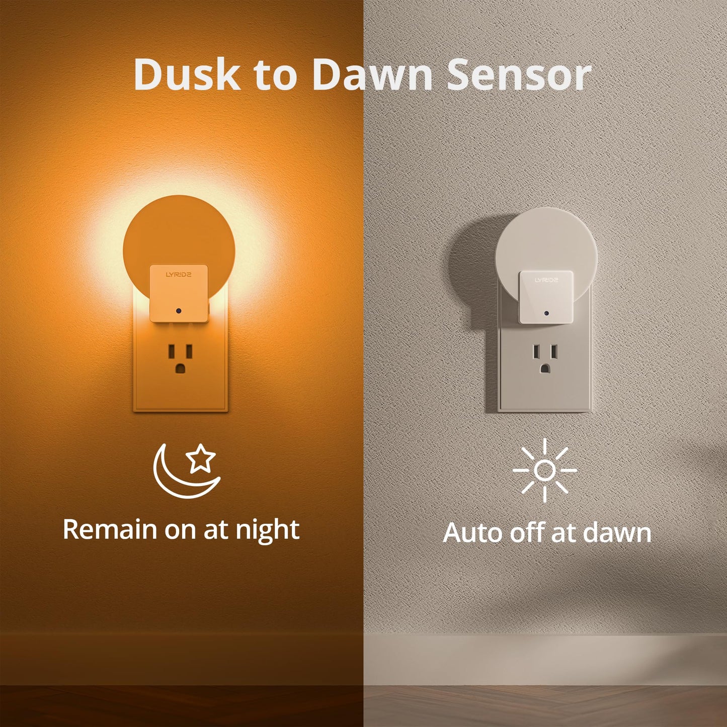 Lyridz Amber Plug in Night Light with Dusk to Dawn Sensor, Dimmable LED Light Sensor Nightlights for Bathroom, Hallway, Stairs, 4 Packs