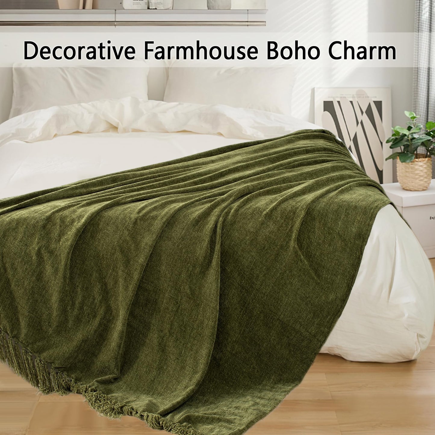 LONG CREATE Chenille Throw Blanket for Couch 50"X 60", Soft Cozy Throws with Fringe Tassel for Bed Sofa Chair Cover, Lightweight Knitted Decorative Boho Blankets for Living Room, Olive Green