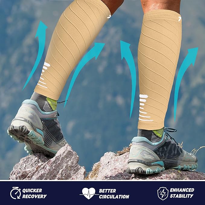 Thoxcare Calf Compression Sleeve for Men Women (2 Pairs), Leg Support Footless Compression Socks for Running - Shin Splint Varicose Veins Swelling & Pain Relief, Beige/White, Small