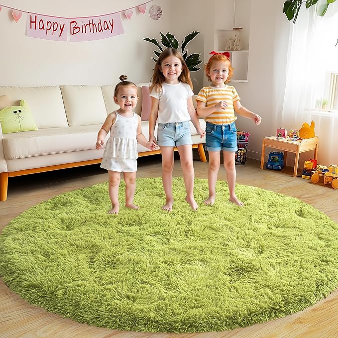 Round Fluffy for Bedroom Rugs, 4Ft Green Shag Circle Rug Non-Slip for Kids Girls Boys Bedroom Dorm Nursery Playroom, Soft Cute Area Rugs for Living Room Decor