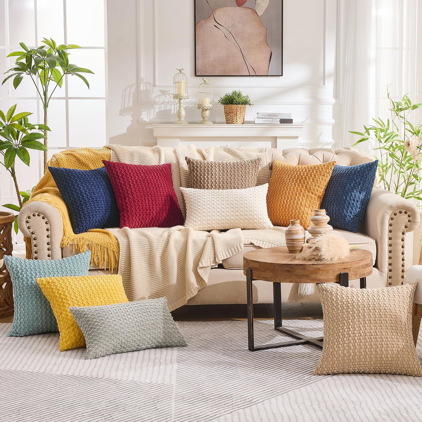 GAWAMAY Decorative Throw Pillow Covers 18x18 Inch Set of 2 for Living Room Couch Bed Sofa, Farmhouse Square Cushion Cover Soft Striped Corduroy Pillow Cases Boho Accent Home Decor (45x45cm) Blue Green