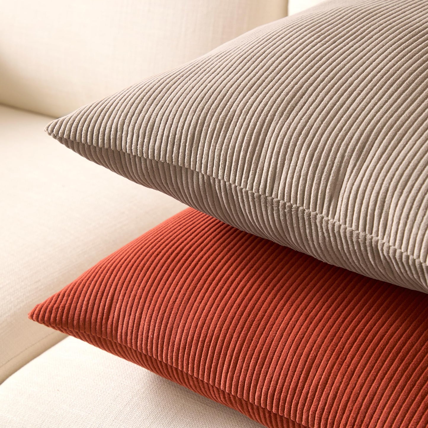 Encasa XO Corduroy Throw Pillows Covers 18"x18", Set of 2 Soft Textured Striped Boho Pillow Covers | Decorative and Cozy Cushion Cases for Home Decor and Sofa Living Room (Light Taupe)