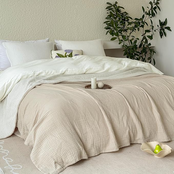 FALUCA Cotton Muslin Reversible Blanket Queen Size for Bed, Couch, Four Layers Blanket, Soft Lightweight Cozy Breathable Farmhouse Decoration for All-Season, Khaki