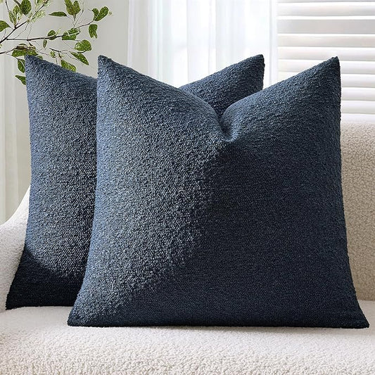 ANRODUO Pack of 2 Textured Boucle Throw Pillow Covers Soft Navy Blue Euro Decorative Accent Solid Pillow Cases Cozy Modern Couch Cushion Case for Bed Sofa Bedroom Living Room Home Decor, 22 x 22 Inch