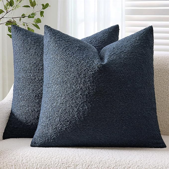 ANRODUO Pack of 2 Textured Boucle Throw Pillow Covers Soft Navy Blue Euro Decorative Accent Solid Pillow Cases Cozy Modern Couch Cushion Case for Bed Sofa Bedroom Living Room Home Decor, 26 x 26 Inch