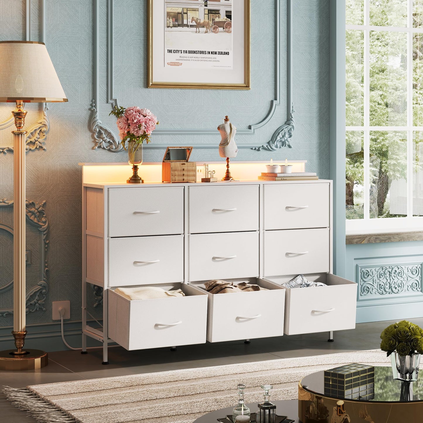 WLIVE White Dresser TV Stand for 45, 50, 55 inch TV, Entertainment Center with LED Lights & Charging Station, Chest of drawers with 9 Fabric Drawers and Open Shelves for Living Room, Hallway, Wood Top