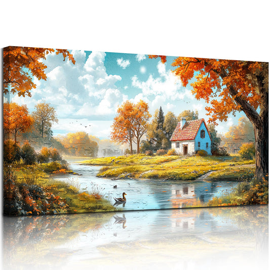 SERIMINO Nature Landscape Wall Art, Lakeside Farmhouse Canvas Large Artwork, Autumn Forest Cottage Scenic Wall Prints, Rustic Pictures Wall Decor Living Room Bedroom Bathroom Kitchen 20"X40"