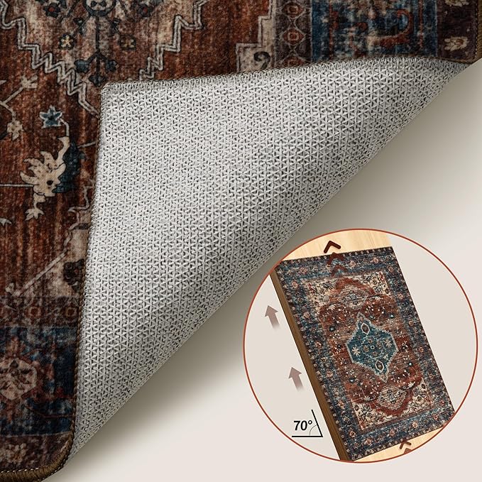 Tangsoo Vintage Rug 2x4 Washable for Entryway BlueNon Slip Small Area Rug, Dark Blue Orange Indoor Front Door Rust Blue