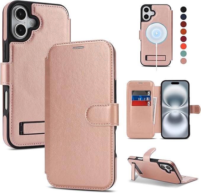 CIVICASE for iPhone 17 Wallet Case with Stand,PU Leather Flip Credit Card Holder Slots (RFID Blocking),Compatible with Magsafe Magnetic Holder Phone Cover Women Men,Rose Gold